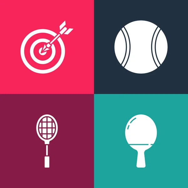 Set Pop Art Schläger zum Spielen von Tischtennis, Tennisschläger, Ball und Zielscheibe mit Pfeil-Symbol. Vektor — Stockvektor