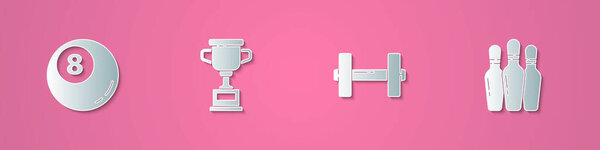 Set paper cut Billiard pool snooker ball, Award cup, Dumbbell and Bowling pin icon. Paper art style. Vector