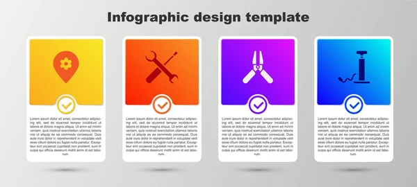 Setzen Sie Standort mit Auto-Service, Schraubendreher und Schraubenschlüssel, Autobatterie Jumper Stromkabel und Luftpumpe. Geschäftsinfografische Vorlage. Vektor — Stockvektor