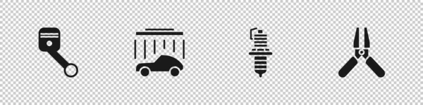 Set Pistón del motor, lavado de coches, bujía y batería jumper icono del cable de alimentación. Vector — Archivo Imágenes Vectoriales