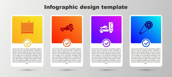 Imposta il sistema di raffreddamento del radiatore dell'automobile, il controllo del servizio automatico automobilistico, il camion del trasportatore e il kit della cinghia di temporizzazione. Modello di infografica aziendale. Vettore — Vettoriale Stock