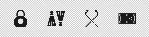 Set Kettlebell, palmes en caoutchouc pour la natation, bâtons de hockey sur glace et icône de la table de billard. Vecteur — Image vectorielle