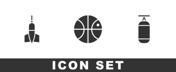 Set flecha dardo, pelota de baloncesto y el icono del saco de boxeo. Vector — Vector de stock