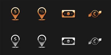 Cash 'in yerini belirle, indirimli konum, kağıt para yığını ve mali büyüme ve euro sikke ikonu. Vektör