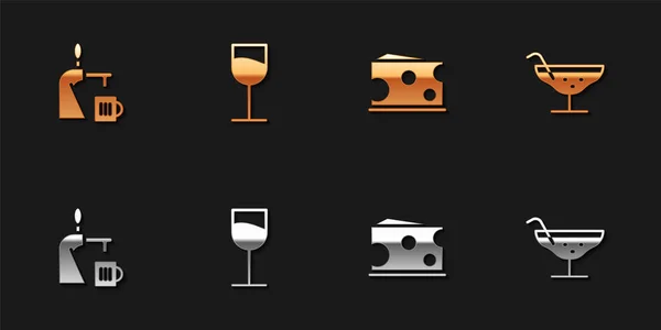 Set Beer tap with glass, Wine, Cheese and Cocktail icon. Vector — Stock Vector