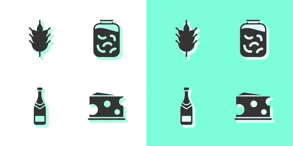 Establecer queso, Hop, botella de champán y pepinos en escabeche en icono del frasco. Vector — Vector de stock