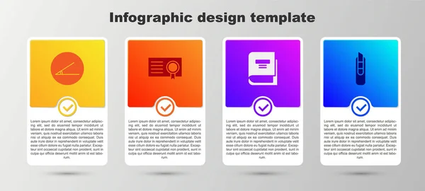 Imposta angolo acuto, modello di certificato, libro e coltello cancelleria. Modello di infografica aziendale. Vettore — Vettoriale Stock