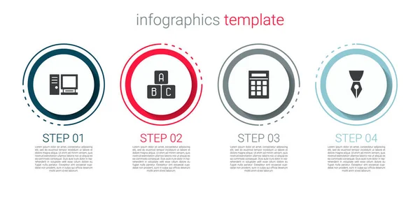 Definir monitor de computador, blocos ABC, calculadora e caneta tinteiro nib. Modelo de infográfico de negócios. Vetor —  Vetores de Stock