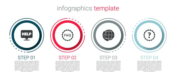 Definir bolha de fala com ajuda de texto, FAQ etiqueta, Telefone 24 horas de suporte e ponto de interrogação. Modelo de infográfico de negócios. Vetor — Vetor de Stock