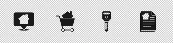 Set Locatie met huis, Winkelwagen, huissleutel en contractpictogram. Vector — Stockvector