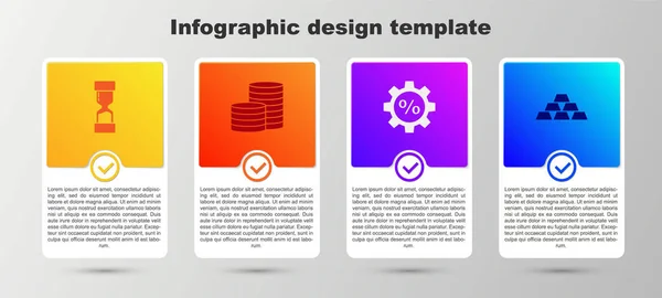 Definir Ampulheta velha, Moeda dinheiro, Engrenagem com por cento e barras de ouro. Modelo de infográfico de negócios. Vetor —  Vetores de Stock