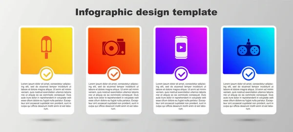 Set Crème glacée, Appareil photo, Lecture vidéo en ligne et Gamepad. Modèle d'infographie d'entreprise. Vecteur — Image vectorielle