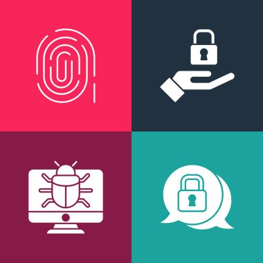 Popüler sanat siber güvenliğini, sistem hatasını monitöre ayarla elinde kilit ve parmak izi simgesi oluştur. Vektör