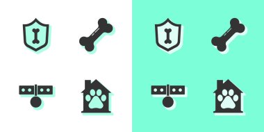 Evcil hayvan evi, hayvan sağlığı sigortası yaka kartı ve köpek kemiği ikonu. Vektör