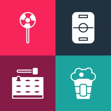 Patlamış mısırı kutuya koy, oyun makinesini, hokey masasını ve lolipop ikonunu. Vektör