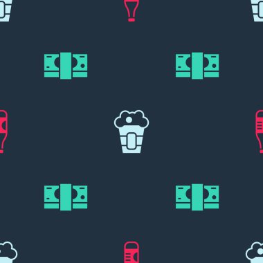 Bir şişe su, kutuda patlamış mısır ve pürüzsüz desenli kağıt para. Vektör