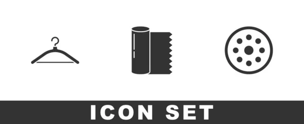 Set Percha armario, Rollo de tela textil y el icono del botón de costura. Vector — Vector de stock