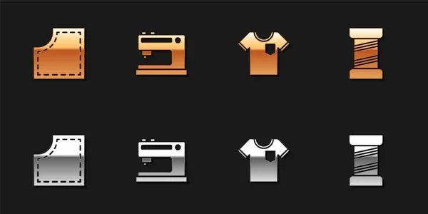 Conjunto patrón de costura, máquina, camiseta e icono de hilo. Vector — Vector de stock