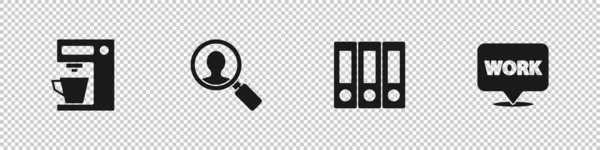 Conjunto Cafetera, Lupa para personas de búsqueda, Carpetas de oficina y Ubicación con icono de trabajo de texto. Vector — Archivo Imágenes Vectoriales