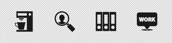 Установка кофе-машина, увеличительное стекло для поиска людей, офисные папки и местоположение с иконкой работы текста. Вектор — стоковый вектор