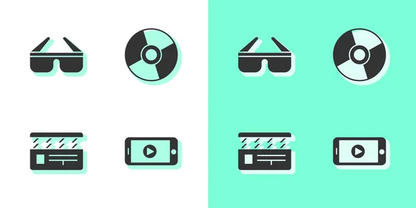 Set Online play video, 3D cinema glasses, Movie clapper and CD or DVD disk icon. Vector — Stock Vector