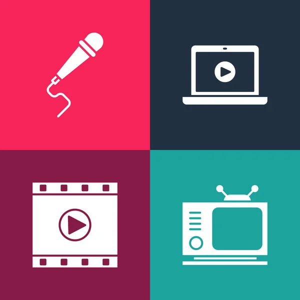 Set pop art Retro tv, Play Video, Online afspelen video en microfoon pictogram. Vector — Stockvector