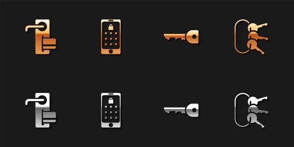 Digitaal deurslot instellen, Mobiel en grafisch wachtwoord, Sleutel en sleutelpictogram. Vector — Stockvector