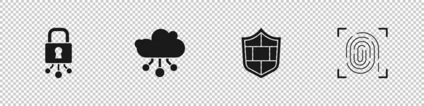 Conjunto de seguridad cibernética, Internet de las cosas, Escudo con pared de ladrillo e icono de huella digital. Vector — Vector de stock