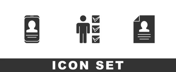 Set Mobile met CV, Gebruiker van de mens in business suit en hervatten pictogram. Vector — Stockvector