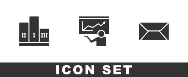 Set Award over winner podium, Training, presentation and Envelope icon. Vector — Stock Vector