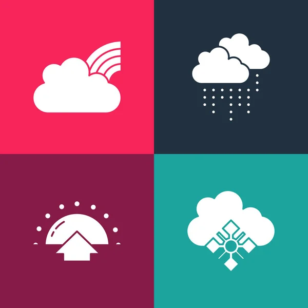 Establecer pop art Nube con nieve, Salida del sol, la lluvia y el arco iris nubes icono. Vector — Archivo Imágenes Vectoriales