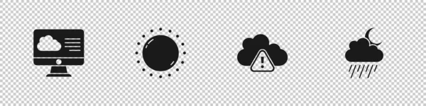 Definir previsão do tempo, Sol, aviso de tempestade e nuvem com ícone de chuva e lua. Vetor — Vetor de Stock