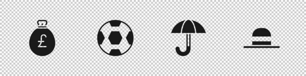 Set Geld tas met pond, voetbal bal, paraplu en elegante vrouwen hoed pictogram. Vector — Stockvector