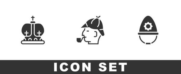 Set corona británica, Sherlock Holmes y el icono del casco de la policía. Vector — Vector de stock