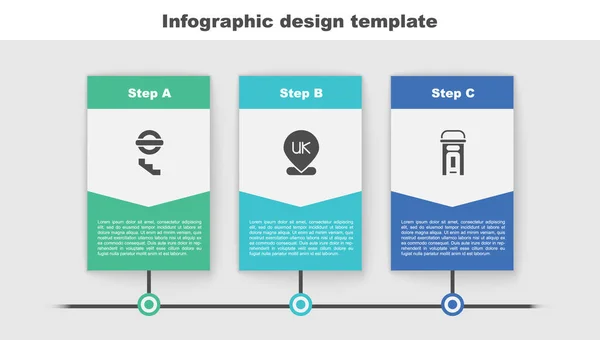 Definir metrô de Londres, Localização Inglaterra e cabine telefônica. Modelo de infográfico de negócios. Vetor — Vetor de Stock