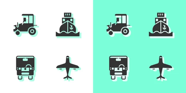 Set ícone de avião, trator, ônibus e navio de carga. Vetor —  Vetores de Stock