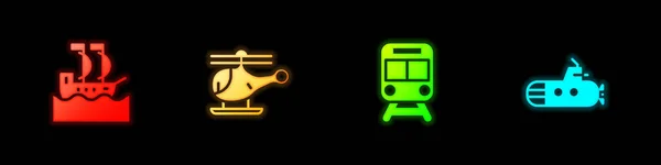 Sailboat, Helicopter, Train and 철도 및 Submarine icon 설정. Vector — 스톡 벡터