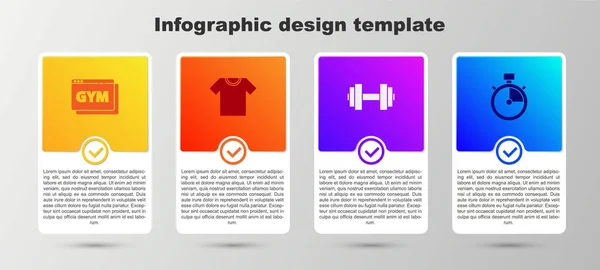 Set de fitness et d'entraînement en ligne, T-shirt, Haltère et Chronomètre. Modèle d'infographie d'entreprise. Vecteur — Image vectorielle