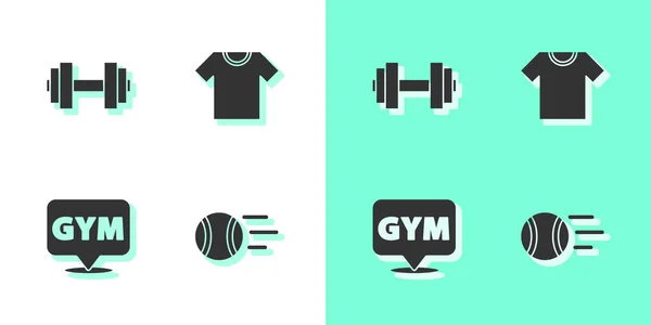 Set de pelota de tenis, mancuerna, ubicación gimnasio y camiseta icono. Vector — Vector de stock