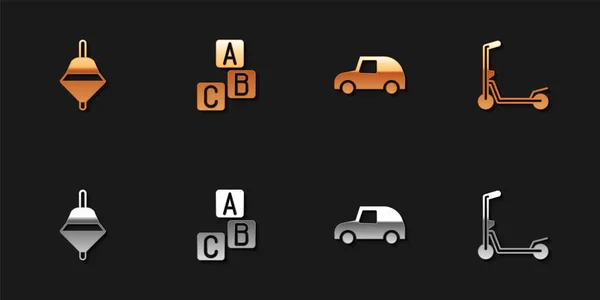 Set Whirligig juguete, bloques ABC, coche de juguete y el icono de la vespa. Vector — Vector de stock
