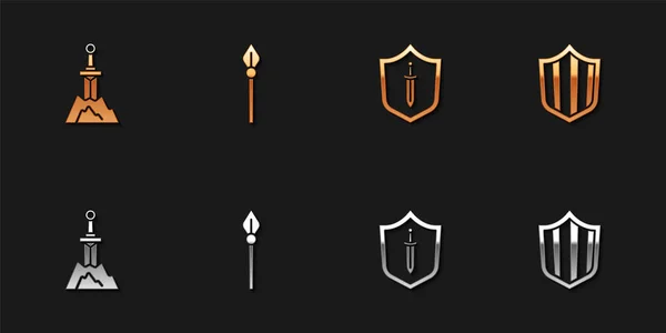 Fijar la espada en la piedra, lanza medieval, escudo con espada y escudo icono. Vector — Vector de stock