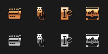 Kredi kartını kilit, hızlı ödemeler, bozuk para ve hazine sandığı ikonu ile ayarla. Vektör