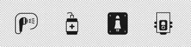 Duş al, el dezenfektanı şişesi, kadın tuvaleti ve gaz kazanının ikonu. Vektör