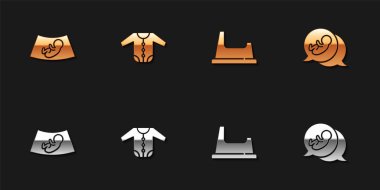 Bebek ultrasonu, bebek kıyafetleri, lazımlık ve ikon hazırla. Vektör