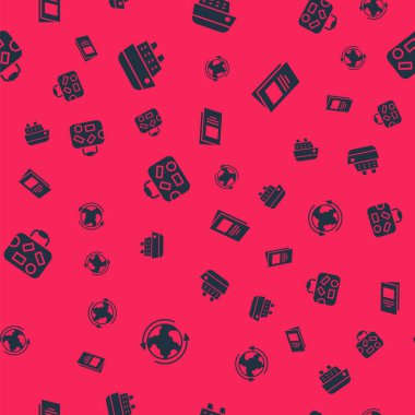 Dünya çapında, seyir gemisi, bavul ve broşürü kusursuz düzende ayarla. Vektör