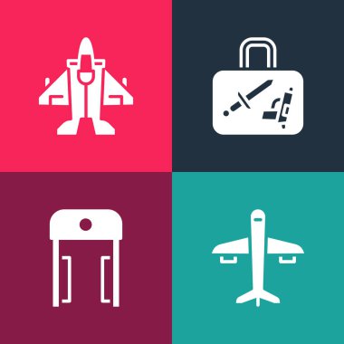 Pop Art Plane, Metal Detektörü, Bavul ve Jet savaş ikonu ayarlayın. Vektör