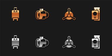 Çanta, jet motoru türbini, uçak pervanesi ve bilet ikonlu pasaport ayarlayın. Vektör