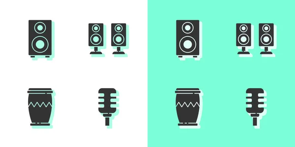 Réglez Microphone, haut-parleur stéréo, tambour et icône. Vecteur — Image vectorielle