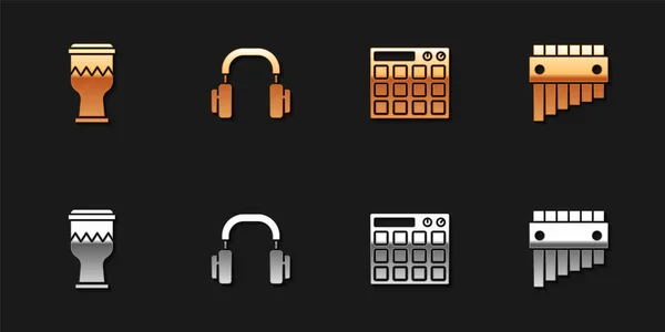Dobos, fejhallgató, gép és pánsípos ikon. Vektor — Stock Vector