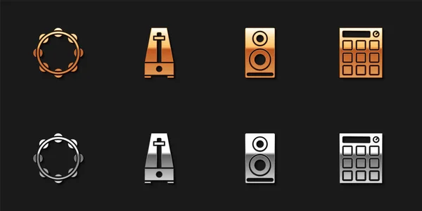 Set Tambourine, Metronoom met slinger, Stereo speaker en Drum machine icoon. Vector — Stockvector